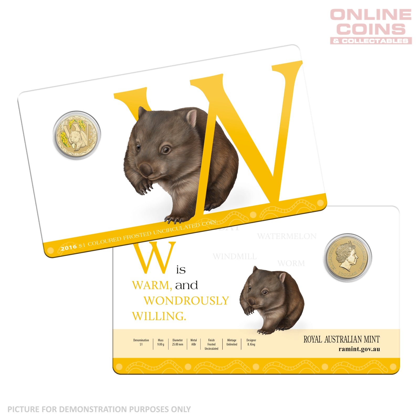 2016 $1 Coloured Alphabet Frosted Coin In Card - W for Wombat